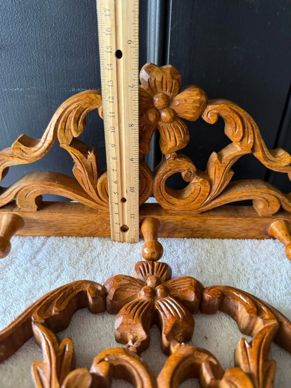Vintage Pair Ornate Carved Wood Wall Hook - Honey Brown